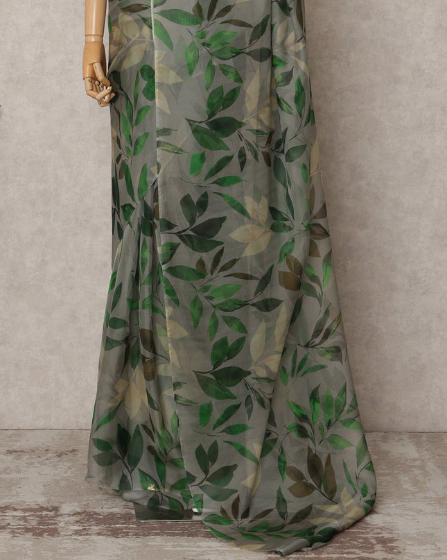 Light Green Premium Pure Silk Chiffon Leaf Printed Saree, 5.5 Mtrs Length, 110 Cms Width, Made in India-D24233