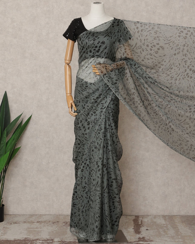 Slate Grey Premium Pure Silk Chiffon Abstract Printed Saree, 5.5 Mtrs Length, 110 Cms Width, Made in India-D24234
