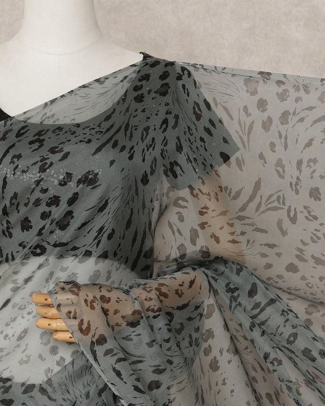 Slate Grey Premium Pure Silk Chiffon Abstract Printed Saree, 5.5 Mtrs Length, 110 Cms Width, Made in India-D24234