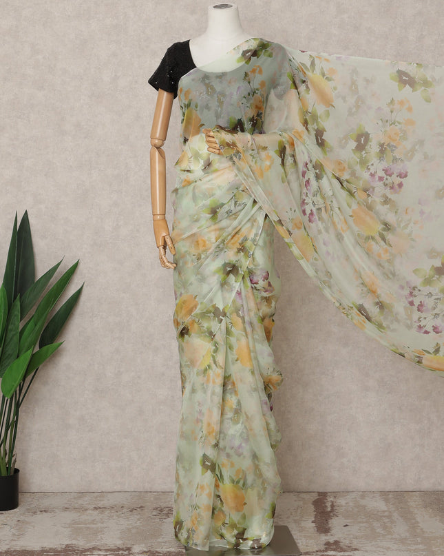 Pistachio Green Premium Pure Silk Chiffon Floral Printed Saree, 5.5 Mtrs Length, 110 Cms Width, Made in India-D24235 - Regal Fabrics