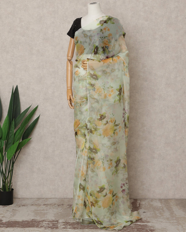 Pistachio Green Premium Pure Silk Chiffon Floral Printed Saree, 5.5 Mtrs Length, 110 Cms Width, Made in India-D24235 - Regal Fabrics