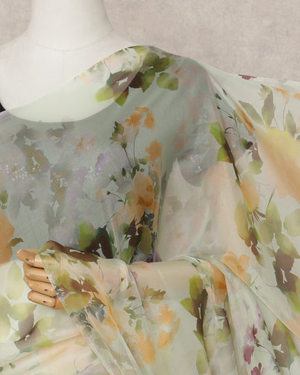 Pistachio Green Premium Pure Silk Chiffon Floral Printed Saree, 5.5 Mtrs Length, 110 Cms Width, Made in India-D24235 - Regal Fabrics