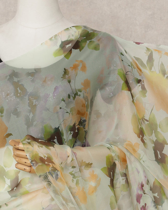 Pistachio Green Premium Pure Silk Chiffon Floral Printed Saree, 5.5 Mtrs Length, 110 Cms Width, Made in India-D24235 - Regal Fabrics