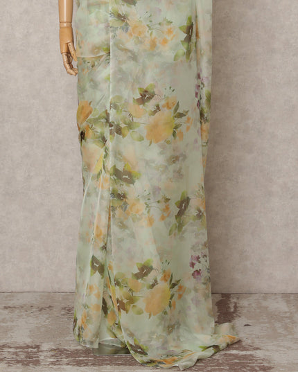 Pistachio Green Premium Pure Silk Chiffon Floral Printed Saree, 5.5 Mtrs Length, 110 Cms Width, Made in India-D24235 - Regal Fabrics
