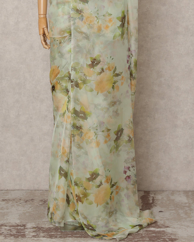 Pistachio Green Premium Pure Silk Chiffon Floral Printed Saree, 5.5 Mtrs Length, 110 Cms Width, Made in India-D24235 - Regal Fabrics