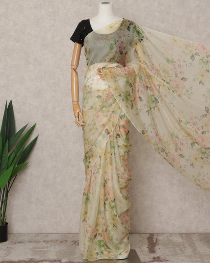 Cream Premium Pure Silk Chiffon Floral Printed Saree, 5.5 Mtrs Length, 110 Cms Width, Made in India-D24236 - Regal Fabrics