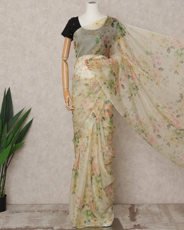 Cream Premium Pure Silk Chiffon Floral Printed Saree, 5.5 Mtrs Length, 110 Cms Width, Made in India-D24236 - Regal Fabrics