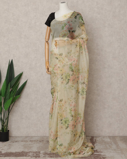Cream Premium Pure Silk Chiffon Floral Printed Saree, 5.5 Mtrs Length, 110 Cms Width, Made in India-D24236 - Regal Fabrics