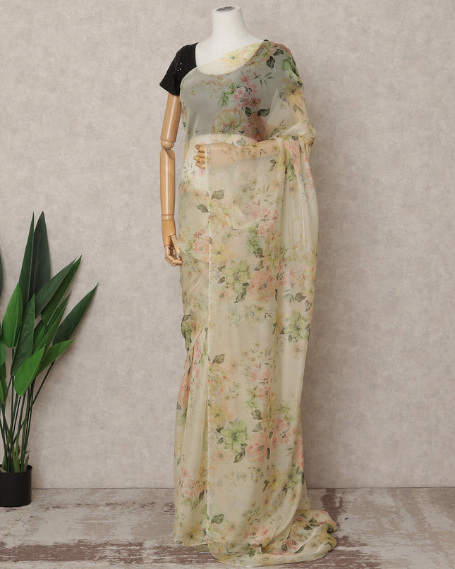 Cream Premium Pure Silk Chiffon Floral Printed Saree, 5.5 Mtrs Length, 110 Cms Width, Made in India-D24236 - Regal Fabrics
