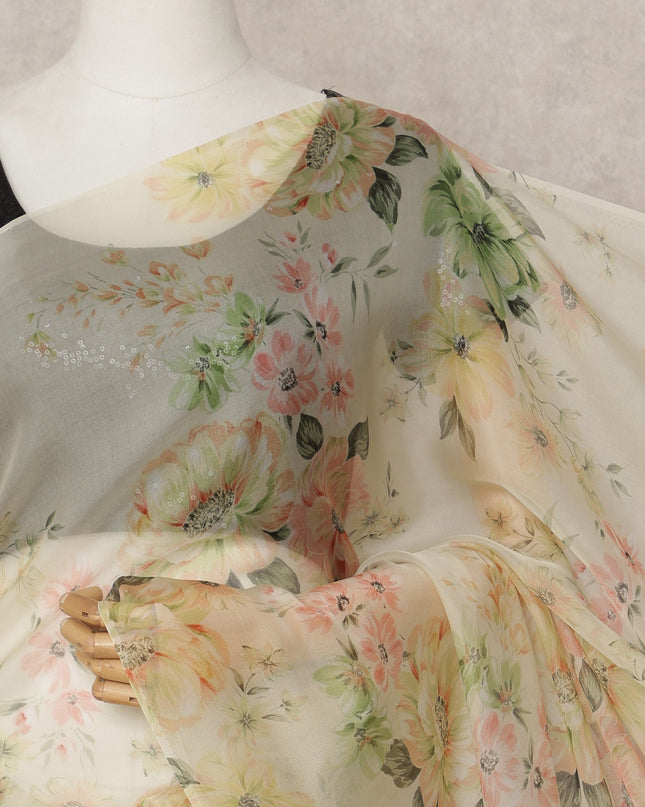Cream Premium Pure Silk Chiffon Floral Printed Saree, 5.5 Mtrs Length, 110 Cms Width, Made in India-D24236 - Regal Fabrics