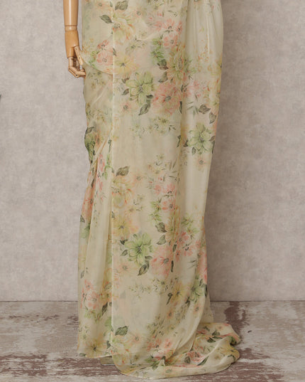 Cream Premium Pure Silk Chiffon Floral Printed Saree, 5.5 Mtrs Length, 110 Cms Width, Made in India-D24236 - Regal Fabrics