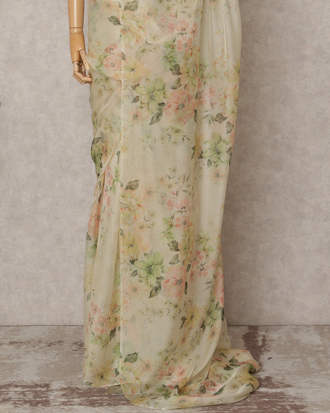 Cream Premium Pure Silk Chiffon Floral Printed Saree, 5.5 Mtrs Length, 110 Cms Width, Made in India-D24236 - Regal Fabrics