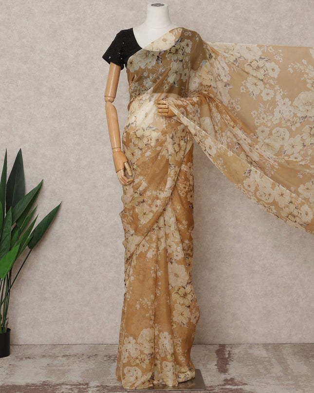 Caramel Brown Premium Pure Silk Chiffon Floral Printed Saree, 5.5 Mtrs Length, 110 Cms Width, Made in India-D24237