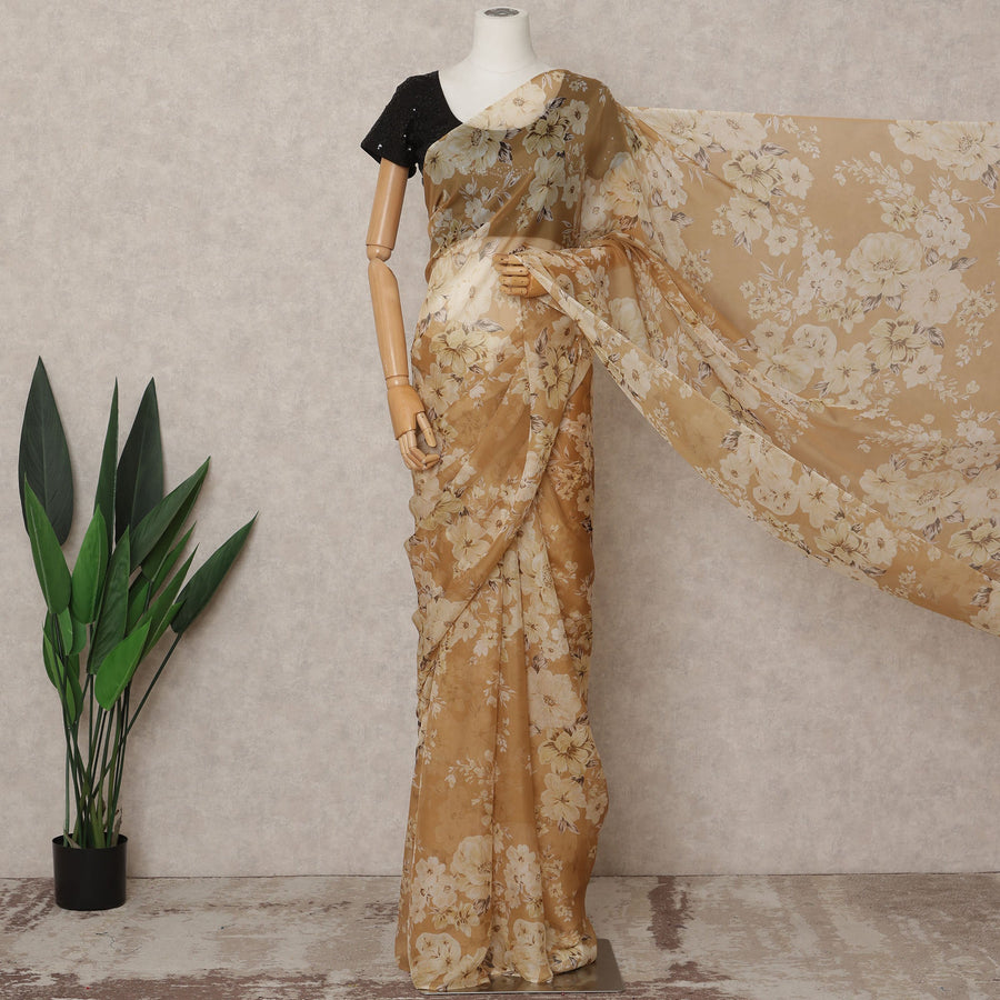 Caramel Brown Premium Pure Silk Chiffon Floral Printed Saree, 5.5 Mtrs Length, 110 Cms Width, Made in India-D24237