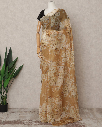 Caramel Brown Premium Pure Silk Chiffon Floral Printed Saree, 5.5 Mtrs Length, 110 Cms Width, Made in India-D24237
