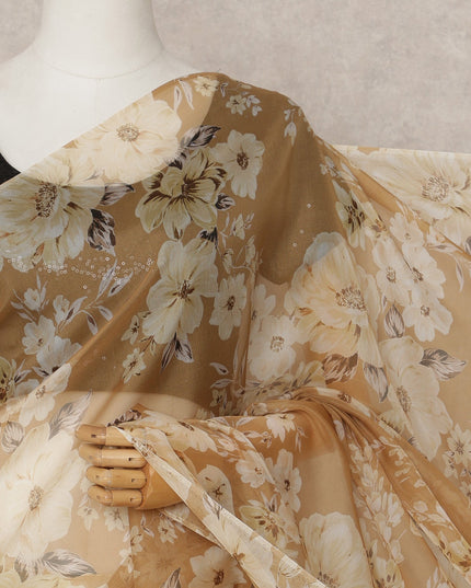 Caramel Brown Premium Pure Silk Chiffon Floral Printed Saree, 5.5 Mtrs Length, 110 Cms Width, Made in India-D24237
