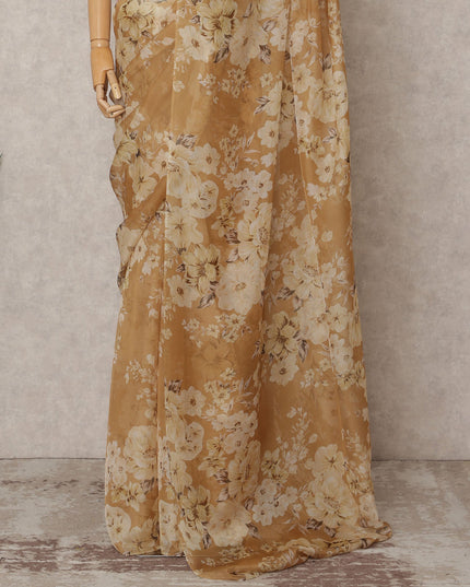 Caramel Brown Premium Pure Silk Chiffon Floral Printed Saree, 5.5 Mtrs Length, 110 Cms Width, Made in India-D24237