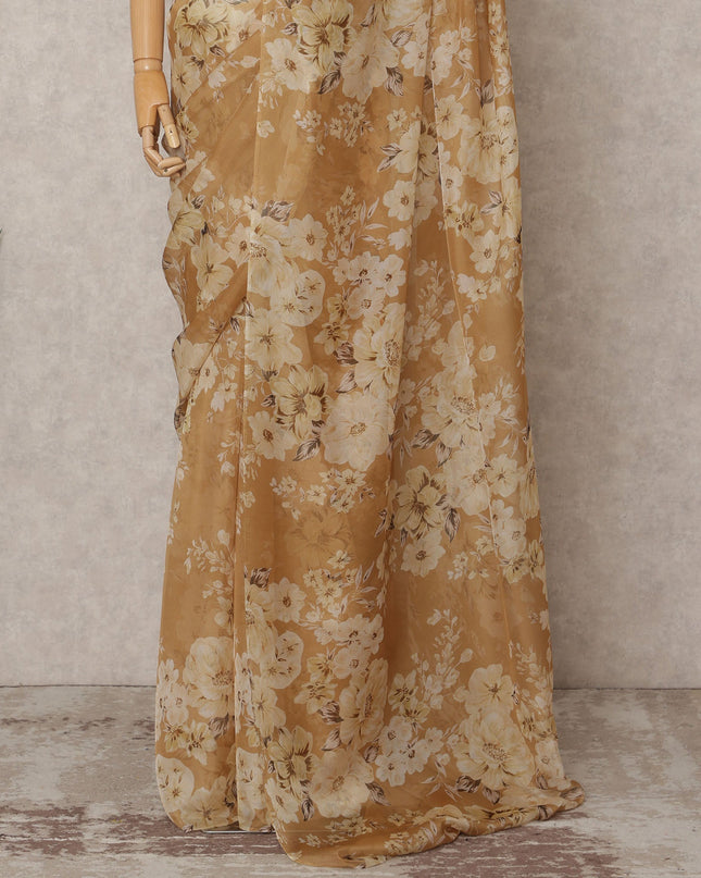 Caramel Brown Premium Pure Silk Chiffon Floral Printed Saree, 5.5 Mtrs Length, 110 Cms Width, Made in India-D24237