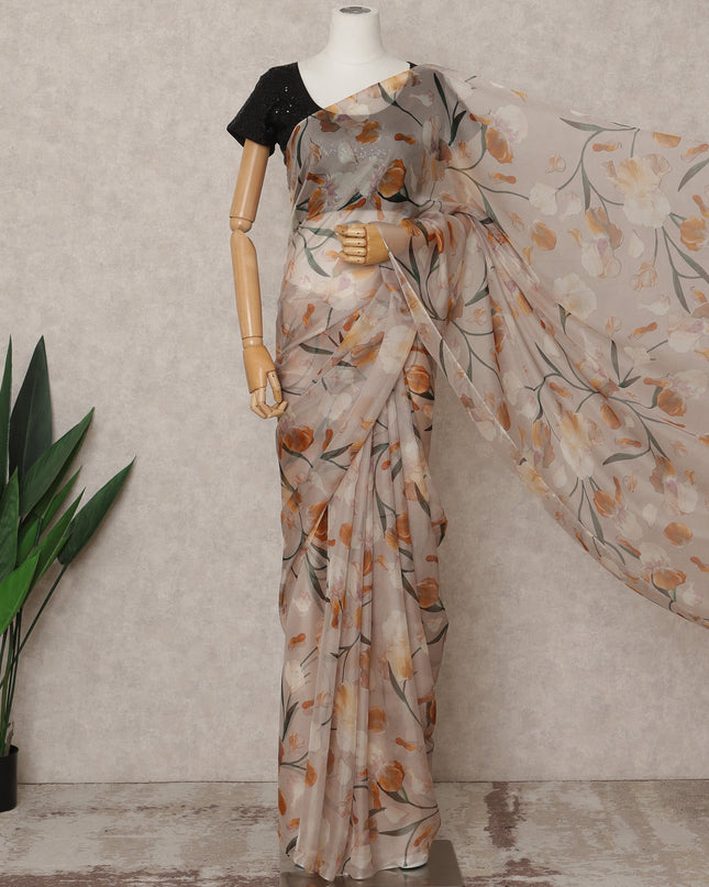Beige Premium Pure Silk Chiffon Floral Printed Saree, 5.5 Mtrs Length, 110 Cms Width, Made in India-D24238