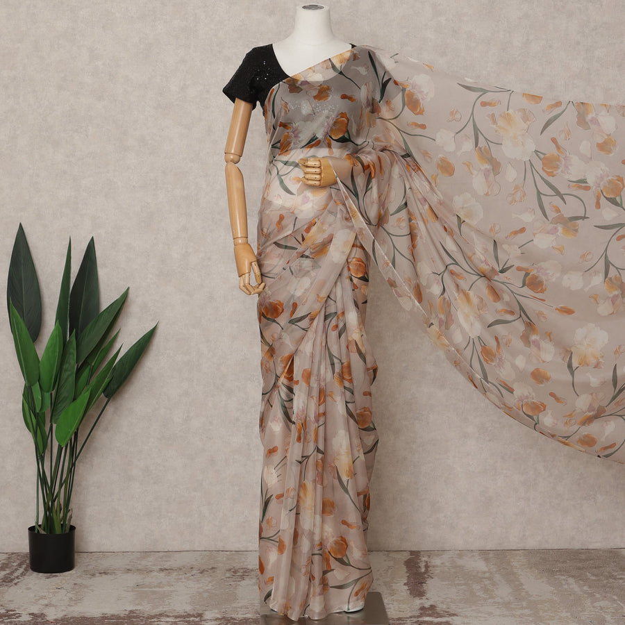 Beige Premium Pure Silk Chiffon Floral Printed Saree, 5.5 Mtrs Length, 110 Cms Width, Made in India-D24238