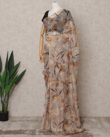 Beige Premium Pure Silk Chiffon Floral Printed Saree, 5.5 Mtrs Length, 110 Cms Width, Made in India-D24238