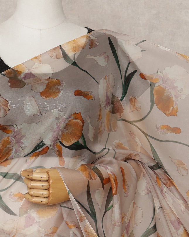 Beige Premium Pure Silk Chiffon Floral Printed Saree, 5.5 Mtrs Length, 110 Cms Width, Made in India-D24238