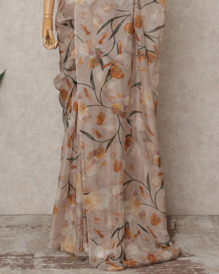 Beige Premium Pure Silk Chiffon Floral Printed Saree, 5.5 Mtrs Length, 110 Cms Width, Made in India-D24238