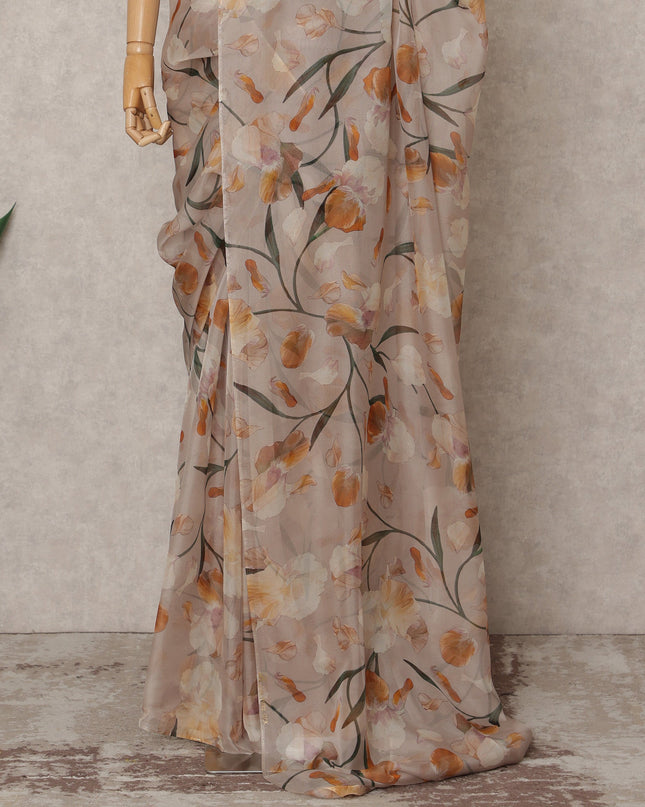 Beige Premium Pure Silk Chiffon Floral Printed Saree, 5.5 Mtrs Length, 110 Cms Width, Made in India-D24238