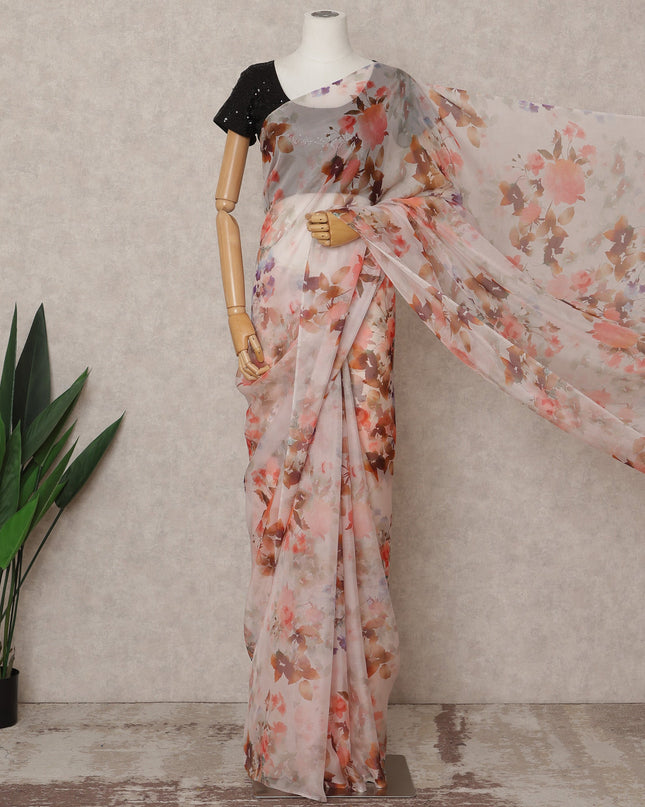 Light Pink Premium Pure Silk Chiffon Floral Printed Saree, 5.5 Mtrs Length, 110 Cms Width, Made in India-D24239