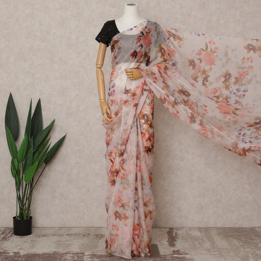 Light Pink Premium Pure Silk Chiffon Floral Printed Saree, 5.5 Mtrs Length, 110 Cms Width, Made in India-D24239