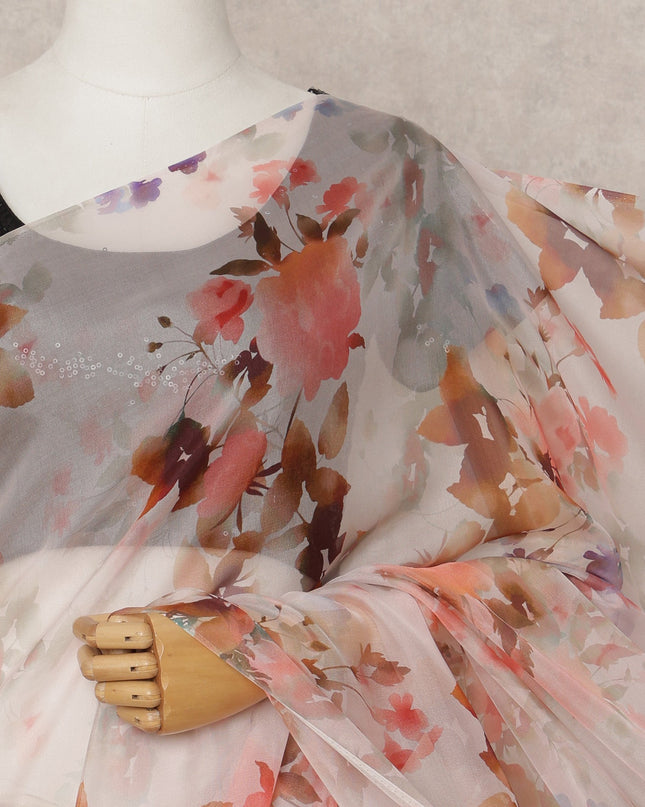 Light Pink Premium Pure Silk Chiffon Floral Printed Saree, 5.5 Mtrs Length, 110 Cms Width, Made in India-D24239