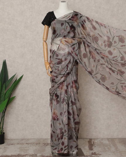 Grey Premium Pure Silk Chiffon Floral Printed Saree, 5.5 Mtrs Length, 110 Cms Width, Made in India-D24240