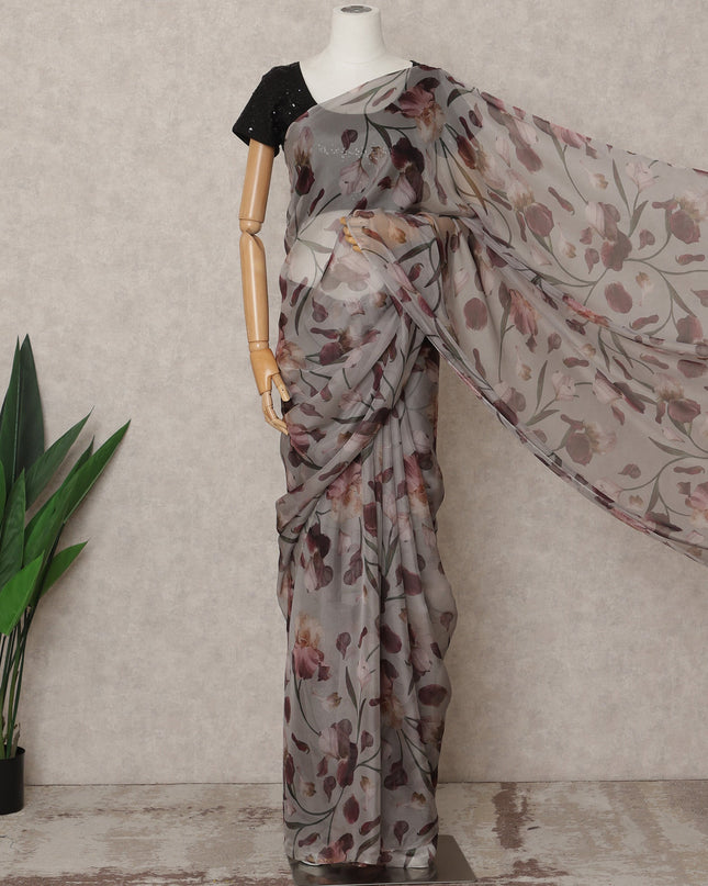 Grey Premium Pure Silk Chiffon Floral Printed Saree, 5.5 Mtrs Length, 110 Cms Width, Made in India-D24240