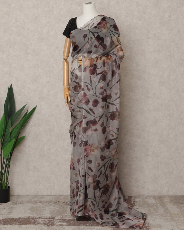 Grey Premium Pure Silk Chiffon Floral Printed Saree, 5.5 Mtrs Length, 110 Cms Width, Made in India-D24240