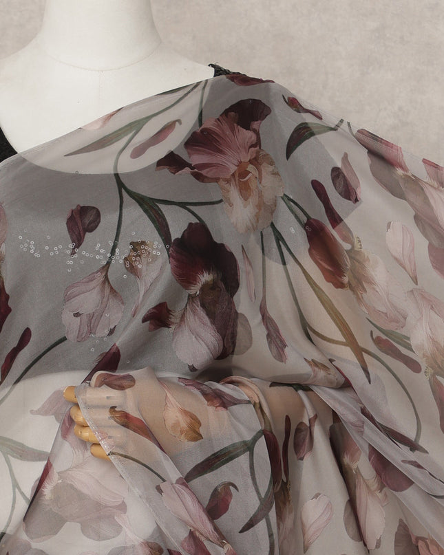 Grey Premium Pure Silk Chiffon Floral Printed Saree, 5.5 Mtrs Length, 110 Cms Width, Made in India-D24240