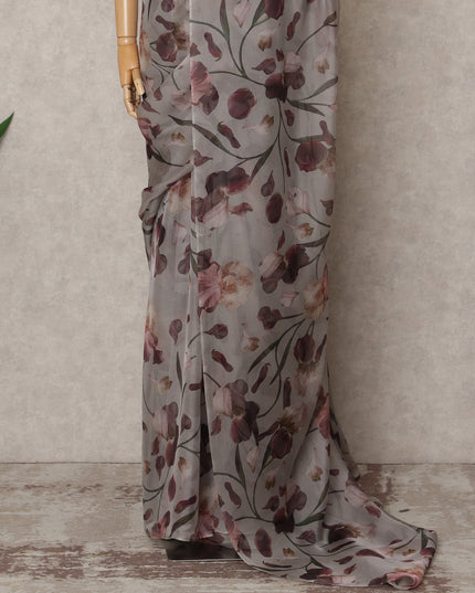 Grey Premium Pure Silk Chiffon Floral Printed Saree, 5.5 Mtrs Length, 110 Cms Width, Made in India-D24240