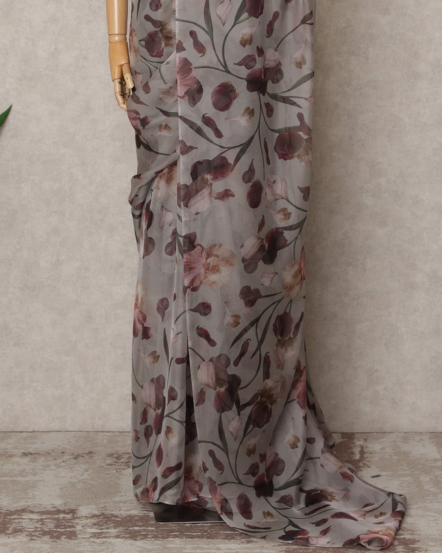 Grey Premium Pure Silk Chiffon Floral Printed Saree, 5.5 Mtrs Length, 110 Cms Width, Made in India-D24240