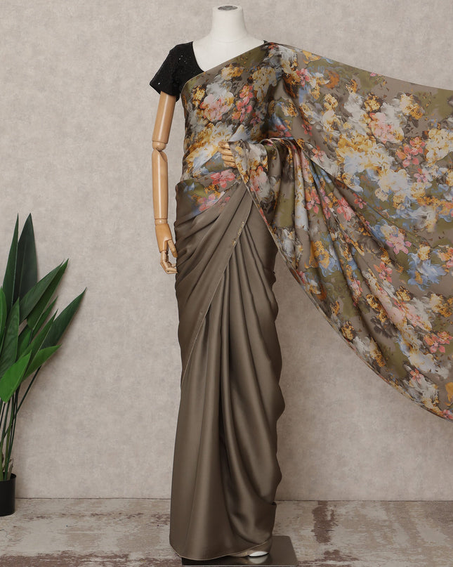 Olive Brown Premium Pure Silk Chiffon Printed Saree, 5.5 Mtrs Length, 110 Cms Width, Made in India-D24241