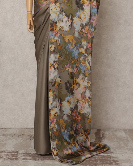 Olive Brown Premium Pure Silk Chiffon Printed Saree, 5.5 Mtrs Length, 110 Cms Width, Made in India-D24241