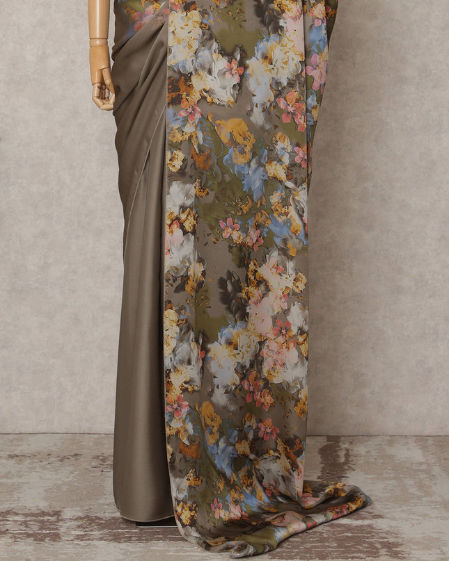 Olive Brown Premium Pure Silk Chiffon Printed Saree, 5.5 Mtrs Length, 110 Cms Width, Made in India-D24241
