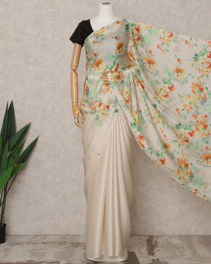 Cream Premium Pure Silk Chiffon Printed Saree, 5.5 Mtrs Length, 110 Cms Width, Made in India-D24242