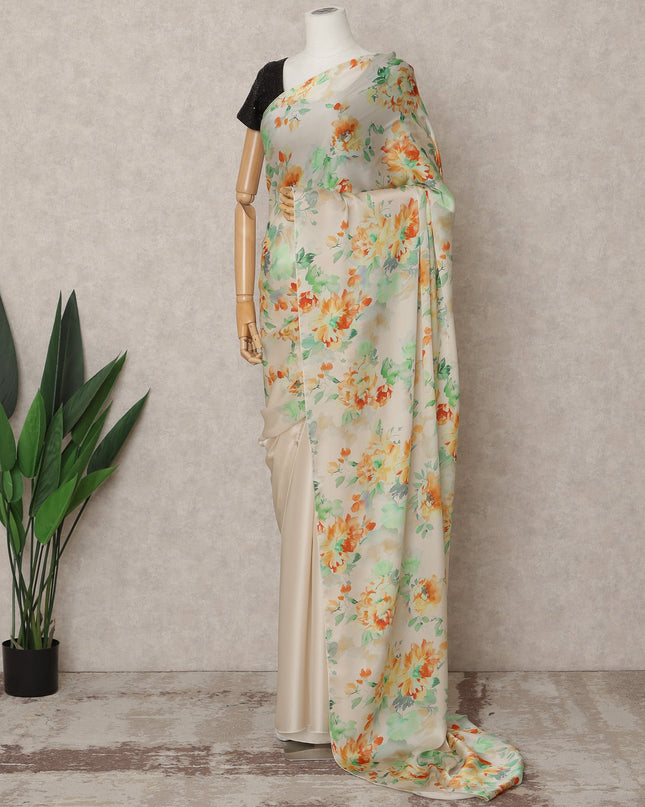 Cream Premium Pure Silk Chiffon Printed Saree, 5.5 Mtrs Length, 110 Cms Width, Made in India-D24242
