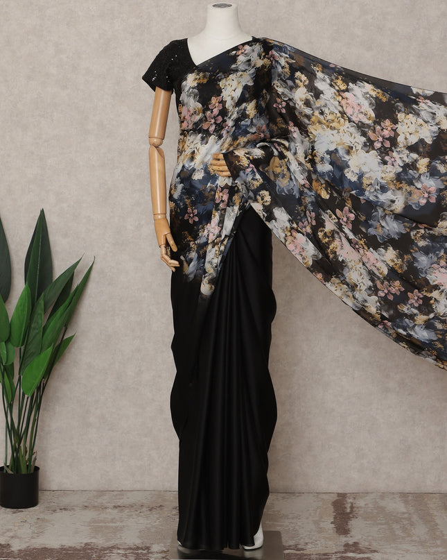 Black Premium Pure Silk Chiffon Printed Saree, 5.5 Mtrs Length, 110 Cms Width, Made in India-D24244