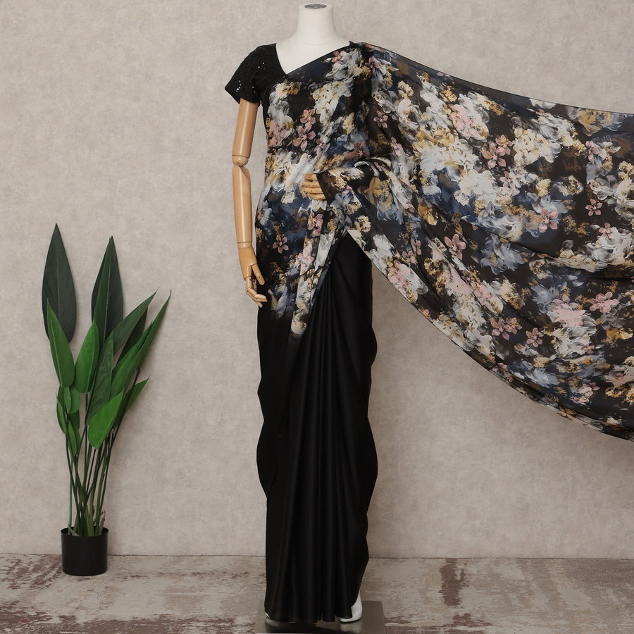 Black Premium Pure Silk Chiffon Printed Saree, 5.5 Mtrs Length, 110 Cms Width, Made in India-D24244