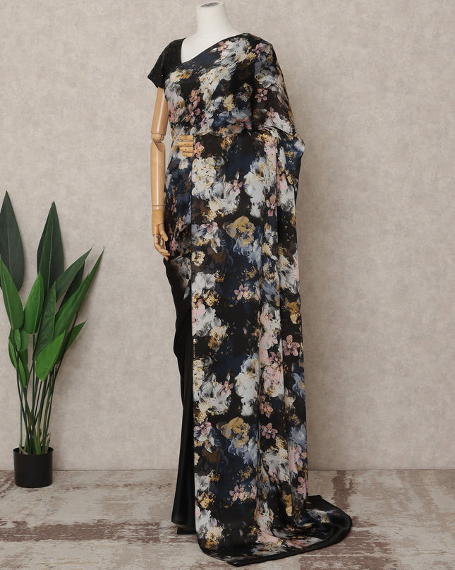 Black Premium Pure Silk Chiffon Printed Saree, 5.5 Mtrs Length, 110 Cms Width, Made in India-D24244