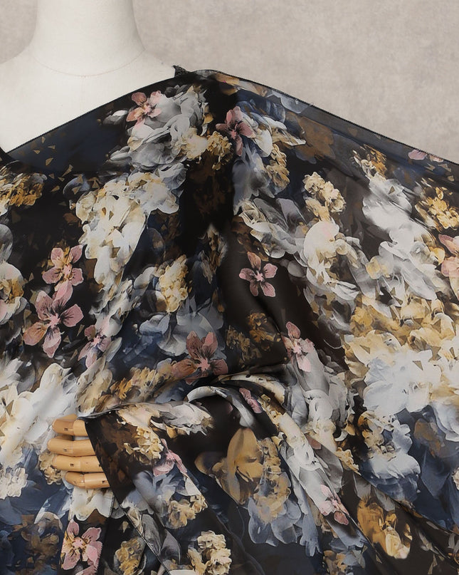 Black Premium Pure Silk Chiffon Printed Saree, 5.5 Mtrs Length, 110 Cms Width, Made in India-D24244