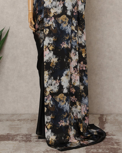Black Premium Pure Silk Chiffon Printed Saree, 5.5 Mtrs Length, 110 Cms Width, Made in India-D24244