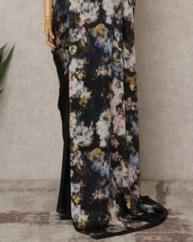 Black Premium Pure Silk Chiffon Printed Saree, 5.5 Mtrs Length, 110 Cms Width, Made in India-D24244