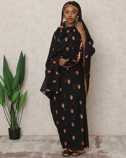 Black Traditional Sudanese Thobe with Orange Sunburst Voile Embroidery, 4.5 Mtrs Piece, Pure Cotton Fabric, Width 140 Cms, Made in India-D24457