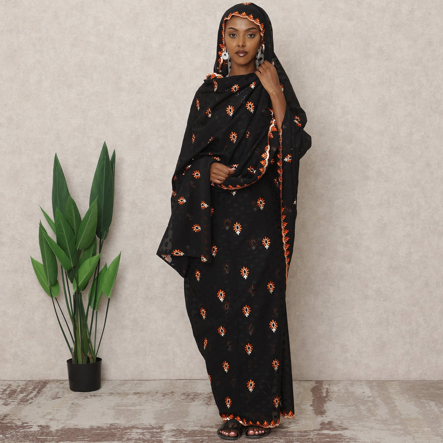 Black Traditional Sudanese Thobe with Orange Sunburst Voile Embroidery, 4.5 Mtrs Piece, Pure Cotton Fabric, Width 140 Cms, Made in India-D24457